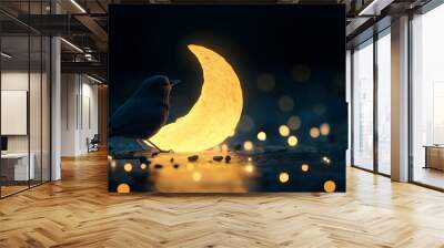 Radiant cute bird beneath half moon lighting pattern picture Wall mural