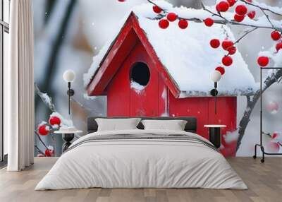 Red birdhouse with white roof and red berries image Wall mural