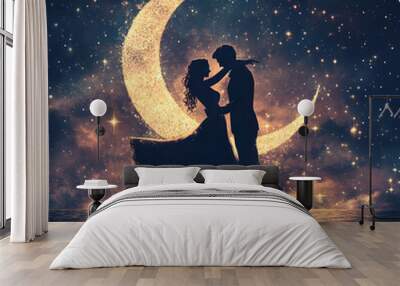 Starry night sky with half moon framing a dancing couple image  Wall mural