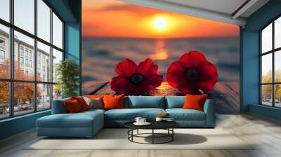 Sunlit wooden pier with two red flowers image
 Wall mural