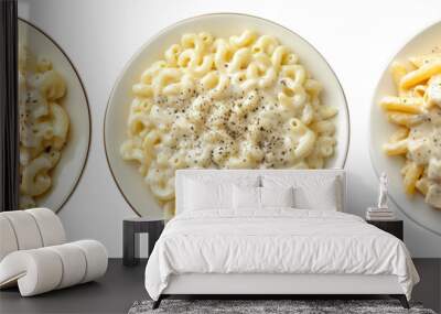 Set of generous portion of macaroni pasta meal topped with a creamy sauce isolated on a transparent background Wall mural