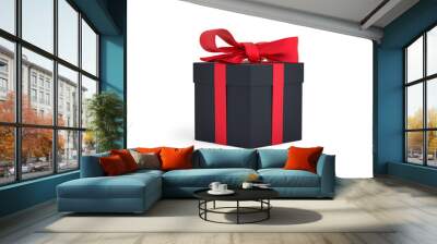 Christmas gift black box tied with red ribbon. Birthday gift with love. Happy celebration present. 3D rendering Wall mural