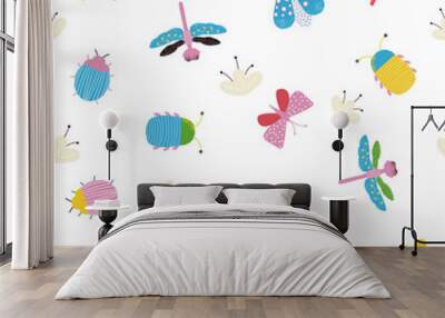 Cute kids seamless pattern with bugs and butterflies. Vector hand drawn illustration. Wall mural