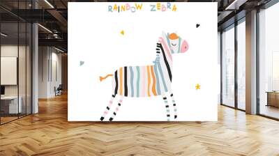 Funny rainbow zebra with lettering. Kids fashion print. Vector hand drawn illustration. Wall mural