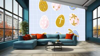 Set of cute Easter eggs stickers with gold glitter elements. Vector hand drawn illustration. Wall mural