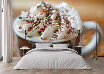 A close-up of a hot chocolate mug topped with whipped cream and sprinkles Wall mural