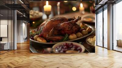 A festive Christmas dinner spread, including roasted turkey, mashed potatoes, and cranberry sauce Wall mural