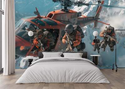 A group of soldiers climbing out of a helicopter in a video game like Free Fire, AI-generated Wall mural