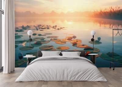 A peaceful sunrise over a serene lake with lily pads and calm waters reflecting the sky. Wall mural