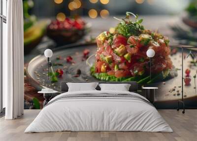 A plate of fresh tuna tartare with avocado. Wall mural