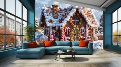 A snow-covered gingerbread house with candy windows and a chocolate roof Wall mural