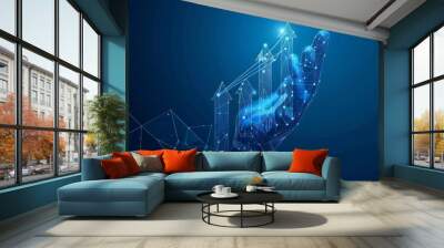 Abstract digital businessman hand holding rising arrows in futuristic style. Successful business and growth strategy concept. Low poly wireframe vector illustration on technological blue background Wall mural