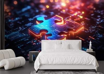 API integration concept with neon puzzle pieces on a digital background Wall mural