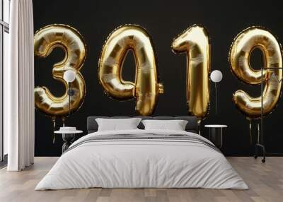 Balloon numbers. Gold metallic currency symbols. 3d Wall mural