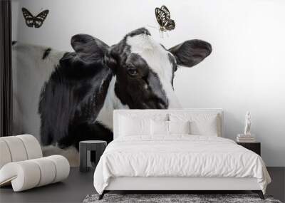 black and white cow, wallpaper piggy bank with money, white cow with a ribbon,  the night, black background, cow with calf, bull in the dark, cow cattle, a Scottish cow, isolated on white background Wall mural