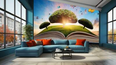 book with earth globe, magic book with magic wand, magic book with magic wand and globe, magic book with magic wand and stars, magic book with magic lights, Fantasy world inside of the book. Concept o Wall mural