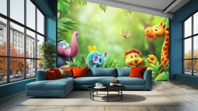 Bright tropical background with cartoon jungle animals Wall mural