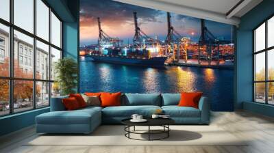 cargo ship in port, view of the city of eilat country, Yantian district marine industry international shipping hub port comprehensive economic port, city skyline at night Wall mural