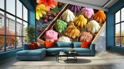 Colorful and delicious indian sweets called modak in box for lord ganesha festival Wall mural