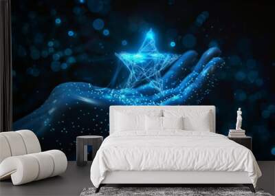 Digital star in abstract hand. Success concept. Low poly wireframe vector illustration with 3D effect in futuristic hologram blue style on technology background. Monochrome light Wall mural