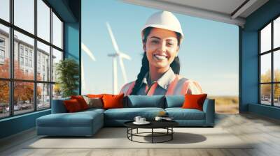 female engineer standing near windmill Wall mural