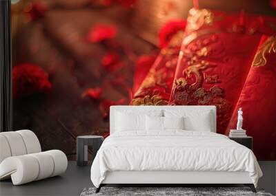 Festive red envelopes for Chinese New Year. Wall mural