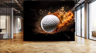 golf ball with fire, golf ball on black background, dynamic image of a white golf ball engulfed in flames, streaking through the dark air, symbolizing power, speed, and intensity in the sport, making  Wall mural