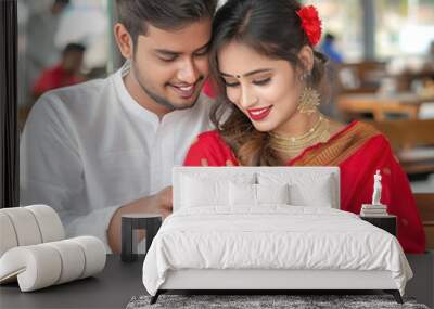 happy couple sitting together using smartphone Wall mural