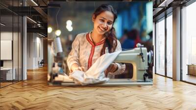 Indian rural woman working on sewing machine Wall mural