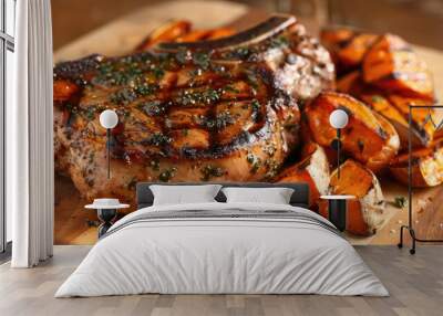 Juicy grilled pork chops with roasted sweet potatoes Wall mural