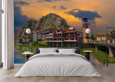 Panoramic Amasya city view in the evening, Turkey. Beautiful river landscape and Amasya city between mountains. Wall mural