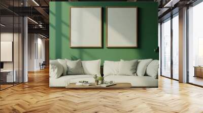 Rustic coffee table near sofa against green wall with two frames Scandinavian home interior design of modern living room Wall mural