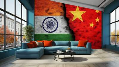 saudi arabian flag, China and India flag, country flag painted on wooden tag, India, Pakistan and Bangladesh painted flags on a wall with a crack. India, Pakistan and Bangladesh relations Wall mural