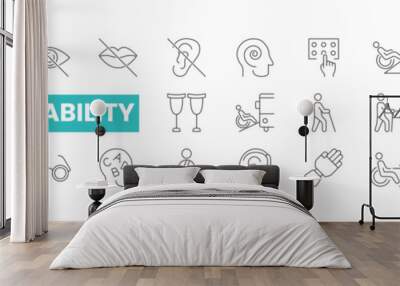 Set of 26 Disability line icons set. Disability outline icons with editable stroke collection. Includes Blindness, Deafness, Care Taker, Hearing Aid, Myopia, and More. Wall mural