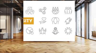 Set of 26 Diversity line icons set. Diversity outline icons with editable stroke collection. Includes People, Community, Ethnicity, Gender Equality, Languages, and More. Wall mural