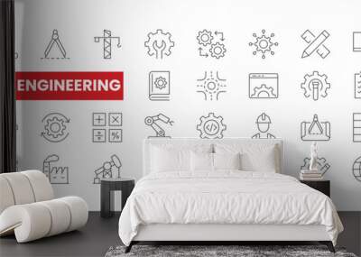 Set of 36 Engineering line icons set. Engineering outline icons with editable stroke collection. Includes Manufacturing, Software Engineer, Prototpye, Architect, Blueprint, and More. Wall mural