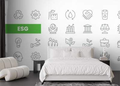 Set of 36 ESG Enviornmental, Social, and Governance line icons set. ESG outline icons with editable stroke collection. Includes Governance, climate crisis, sustainability, ecology, and More. Wall mural