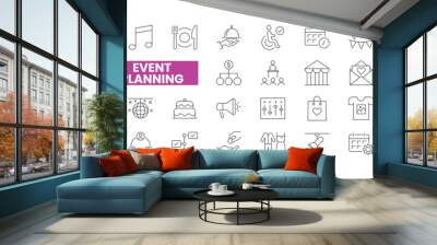 Set of 36 Event Planning line icons set. Event Planning outline icons with editable stroke collection. Includes Tickets, Fireworks, Filming, Budget, Gifts, and More. Wall mural