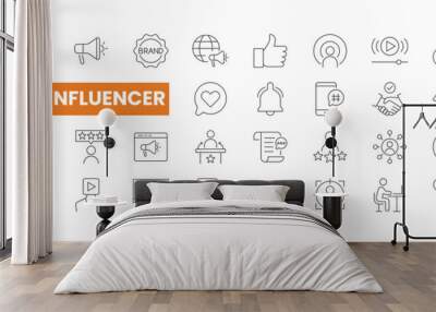 Set of 36 Influencer line icons set. Influencer outline icons with editable stroke collection. Includes Social Media, Monetization, Target Audience, Niche, Marketing, and More. Wall mural