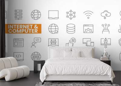 Set of 36 Internet and Computer line icons set. Internet and Computer outline icons with editable stroke collection. Includes Computer, Website, WiFi, Cloud Computing, Hardware, and More. Wall mural