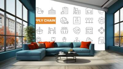 Set of 36 Supply Chain line icons set. Supply Chain outline icons with editable stroke collection. Includes Logistics, Management, Retailer, Cargo Ship, Labour, and More. Wall mural