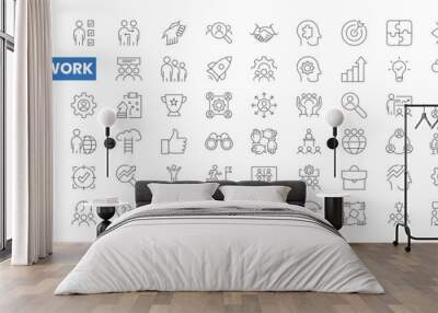 Set of 80 Teamwork line icons set. Teamwork outline icons with editable stroke collection. Includes Team, Cooperation, Vision, Motivation, Success, and More. Wall mural