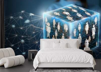 social network concept, christmas gift box with snowflakes, business woman holding a tablet with lights, Cubes with icons of businesspeople, symbolizing corporate network and link connections. Global  Wall mural