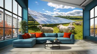 Solar panel and sheep grazing at agriculture field Wall mural