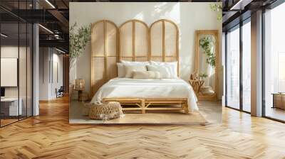 Stylish bedroom interior design with mock up poster frame, bamboo bed, night table, plants, folding screen and creative home accessories. Eucalyptus wall template Wall mural