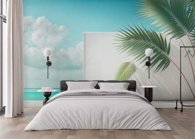 tropical island with palm trees, tree on the beach, beach with trees, palm tree on the beach, beach with palm trees, Palm tree leaves against turquoise sky and white wall. Pastel colors, creative colo Wall mural