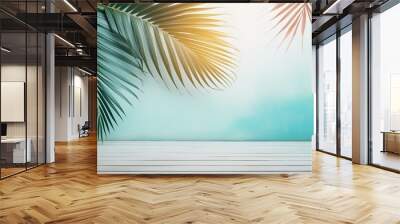 tropical island with palm trees, tree on the beach, beach with trees, palm tree on the beach, beach with palm trees, Palm tree leaves against turquoise sky and white wall. Pastel colors, creative colo Wall mural