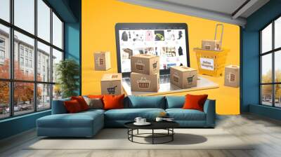 Shopping Concept, Notebook and online Shopping. Online Shopping boxes with text. 3D Render. Wall mural