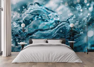 wide banner of water liquid h2o or ice text work in pure transparent flowing ripples and splashes, pure drinking water or ice frost cold aqua as poster effect design Wall mural