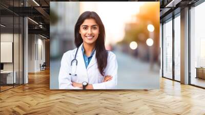 Young and successful indian female doctor standing at hospital. Wall mural